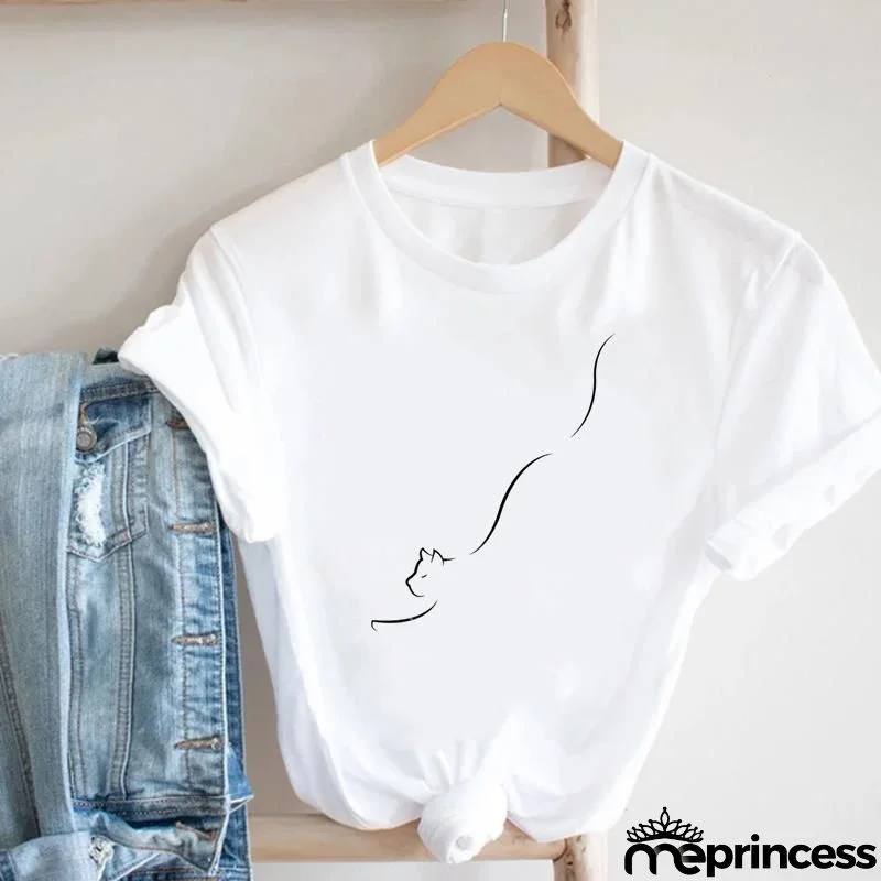 Women Loose Simple Cartoon Cat Footprint Print Round Neck Short Sleeve T-Shirt