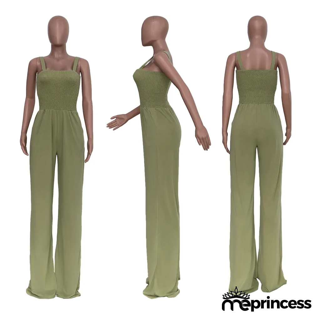Women'S Solid Casual Strap Sleeveless Wide Leg Jumpsuit
