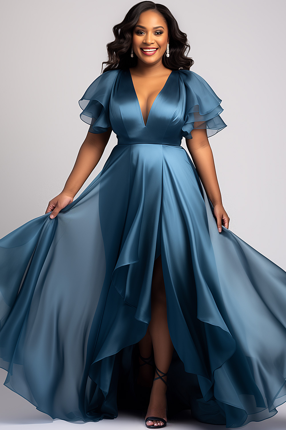 Flycurvy Plus Size Formal Sea Blue Organza Deep V Neck Flutter Sleeve Asymmetrical Hem Maxi Dress 2024 - Flycurvy 