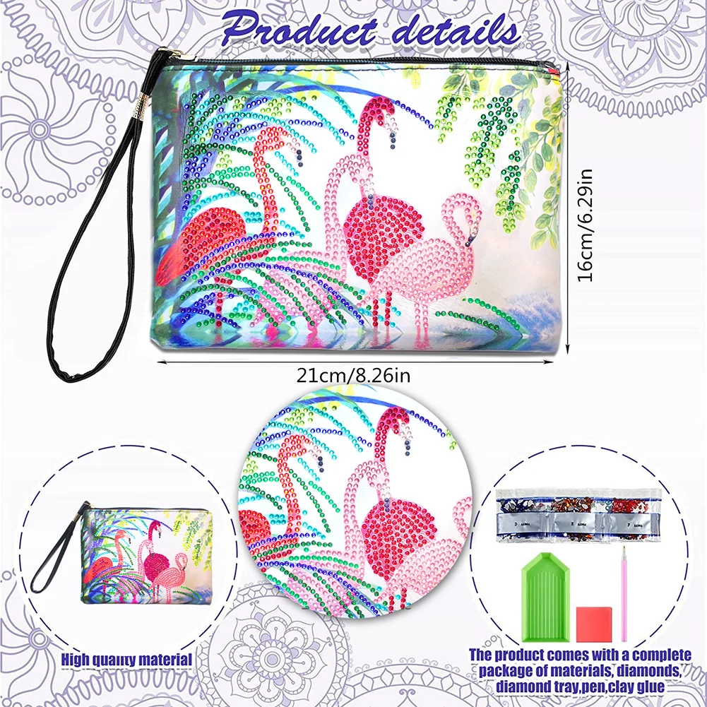 DIY Flamingo Diamond Art Cosmetic Bag Flowers Single Sided PU Women Clutch