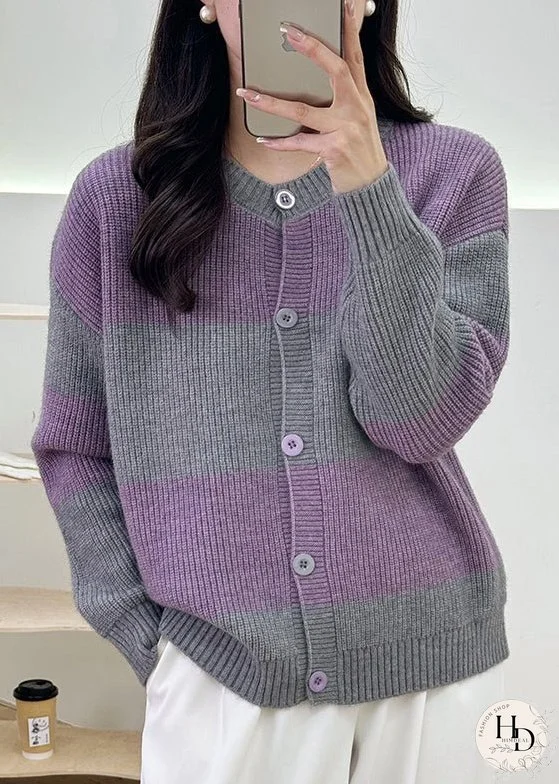 Women Grey Striped Button Knit Cardigan Fall