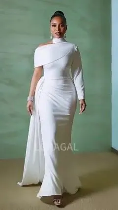 Asymmetric Mock Neck Long Sleeve Sash Party Maxi Dresses-White