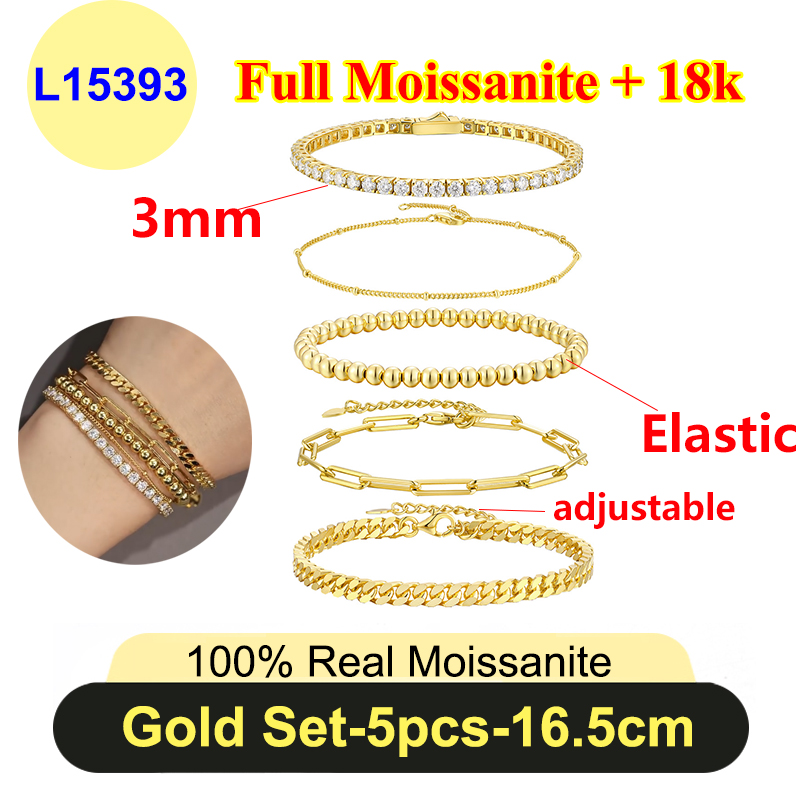 3mm Unisex Elastic Moissanite Bracelet Set 925 Sterling Silver Plate 18K Gold Luxury Moissanite Tennis Bracelet Set for Woman