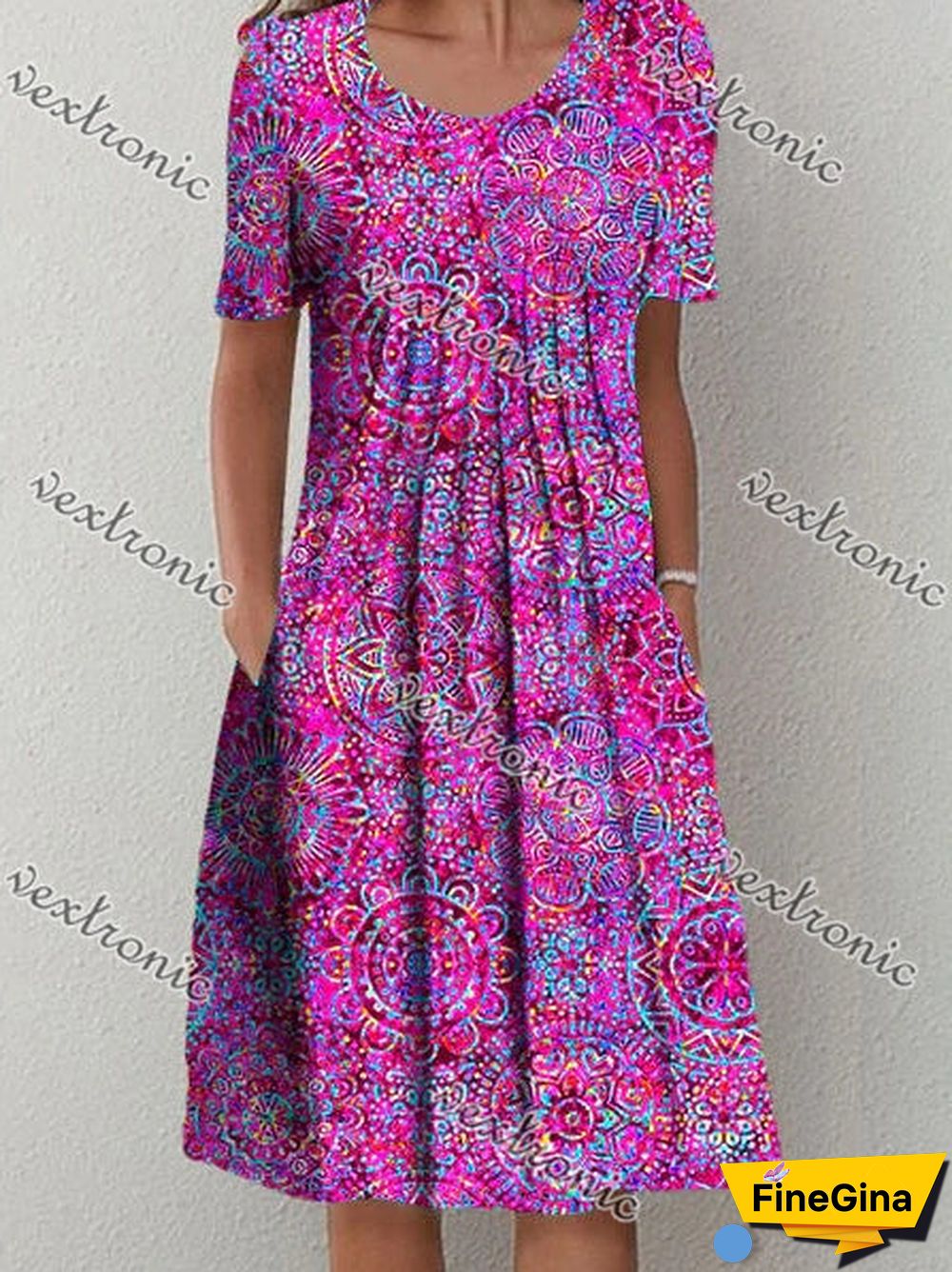 Women's Purple Short Sleeve Scoop Neck Graphic Floral Printed Midi Dress