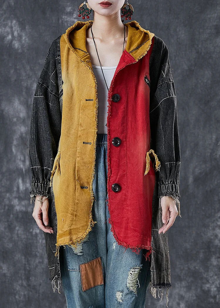Diy Colorblock Asymmetrical Patchwork Denim Coat Outwear Spring