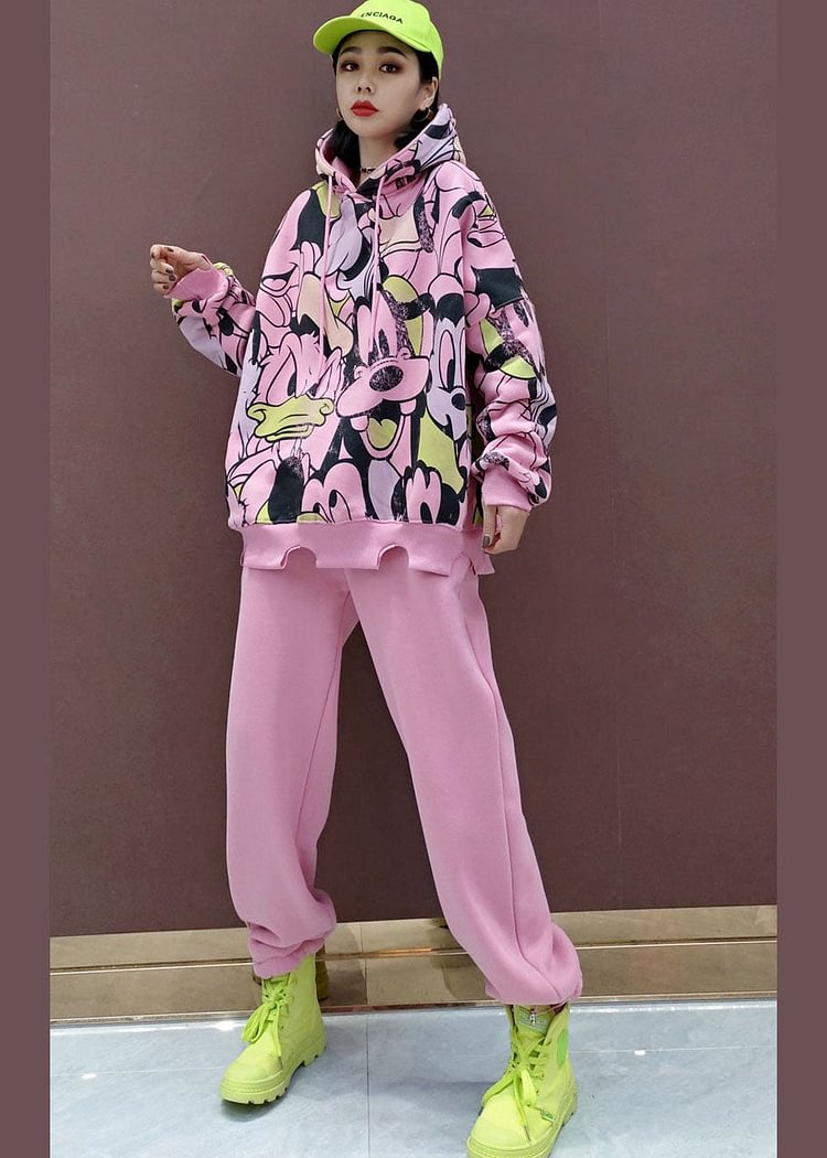 Pink Animal Print Warm Fleece Two Pieces Set drawstring