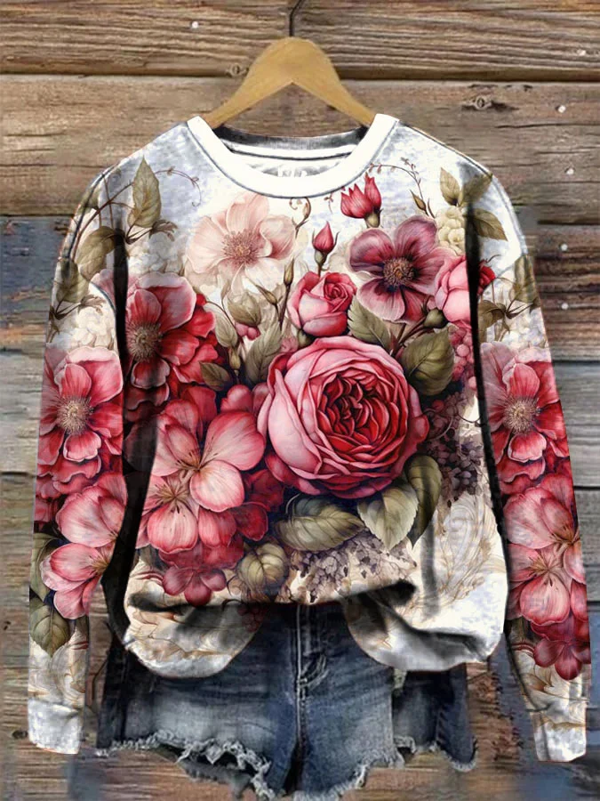 Retro Chic Floral Art Valentine's Day Crew Neck Sweatshirt