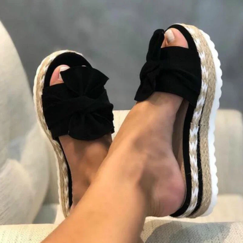 Qengg New Women Slippers Platform Wedge Sandals Fashion Bow Peep Toe Beach Outdoor Ladies Walking Shoes Plus Size Zapatilla Mujer