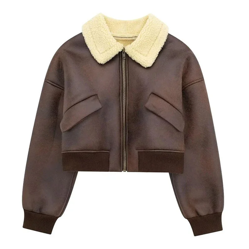 Huiketi Winter Leather Jacket Women 2024 New Female Vintage Lapel Faux Wool Belt Coat Thicken Warm Oversize Highstreet Outwear Top
