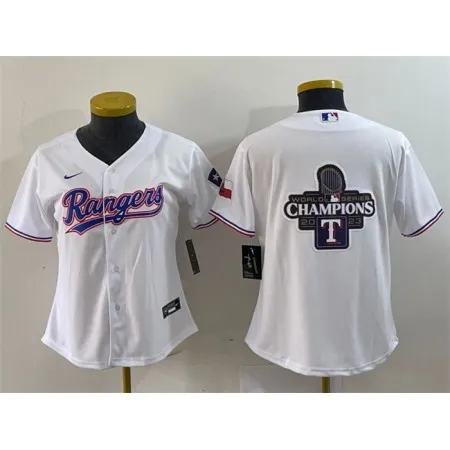 Youth Texas Rangers White 2023 World Series Champions Big Logo With Patch Stitched Baseball Jersey 0OT4