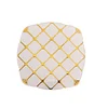 10 Pack | White/Gold 7" Plastic Square Salad Dessert Plates, Geometric Disposable Plates