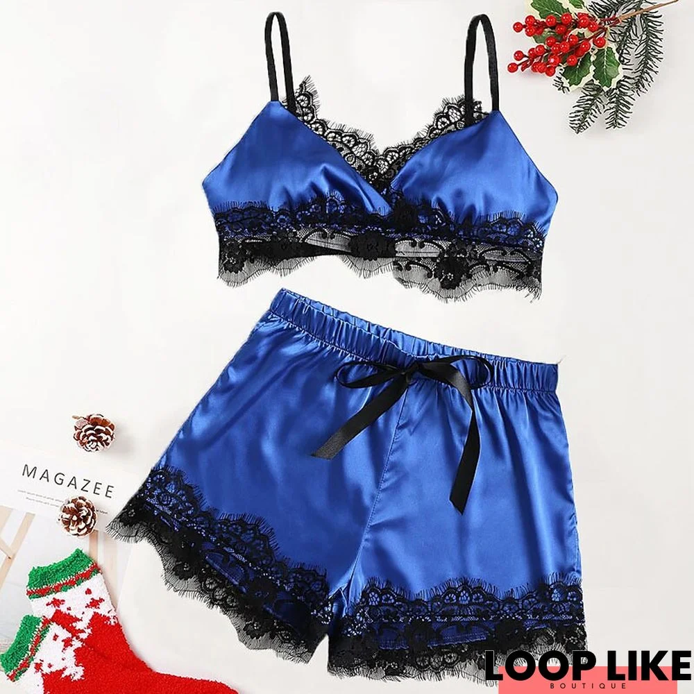 Women's Pajamas Sets Nighty Pjs 2 Pieces Pure Color Gothic Fashion Simple Home Daily Vacation Satin Straps Sleeveless Crop Top Shorts Lace Backless Spring Summer Black Blue