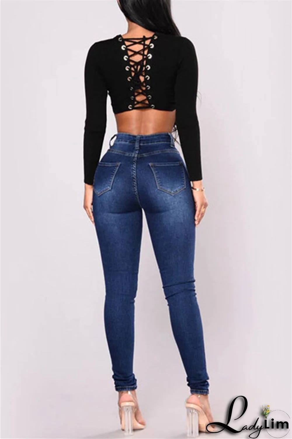 Black Fashion Casual Solid Basic High Waist Skinny Denim Jeans