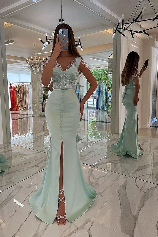 Front Slit Mint Green Beaded Straps Mermaid Prom Dress With Buttons | Ballbellas Ballbellas