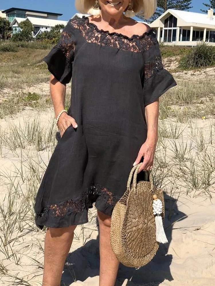 Women Casual Cotton and Linen Solid Color Short Sleeve Midi Dress