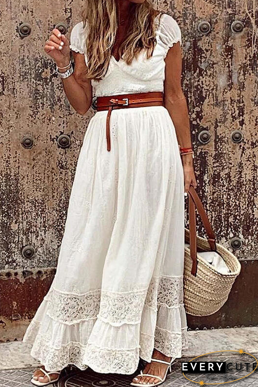 Casual Solid Split Joint V Neck Waist Skirt Dresses