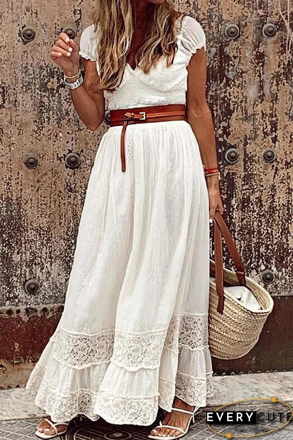 Casual Solid Split Joint V Neck Waist Skirt Dresses