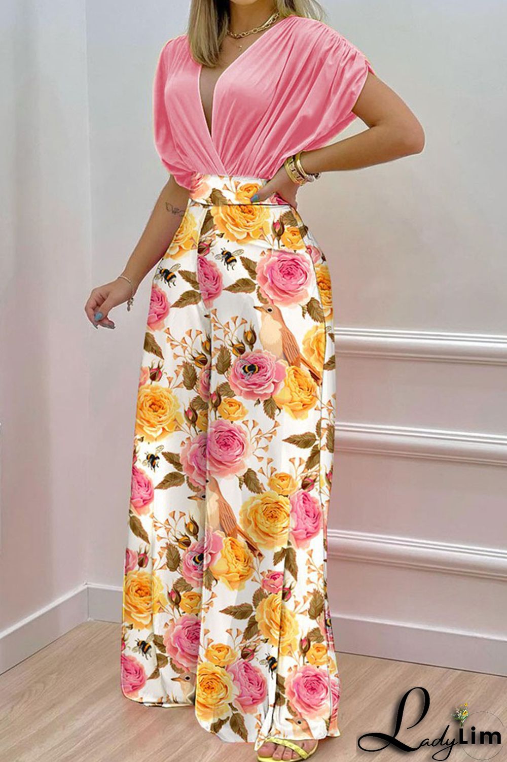 Green Casual Print Split Joint V Neck Short Sleeve Two Pieces