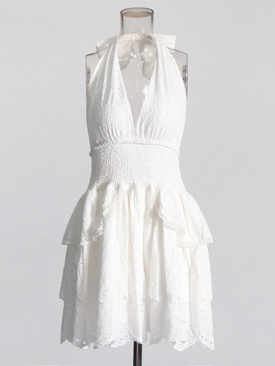 Brownm 2025 Spring Fashion Sexy Hanging Neck Slicing High-End Sleeveless Solid Color Dress Woman