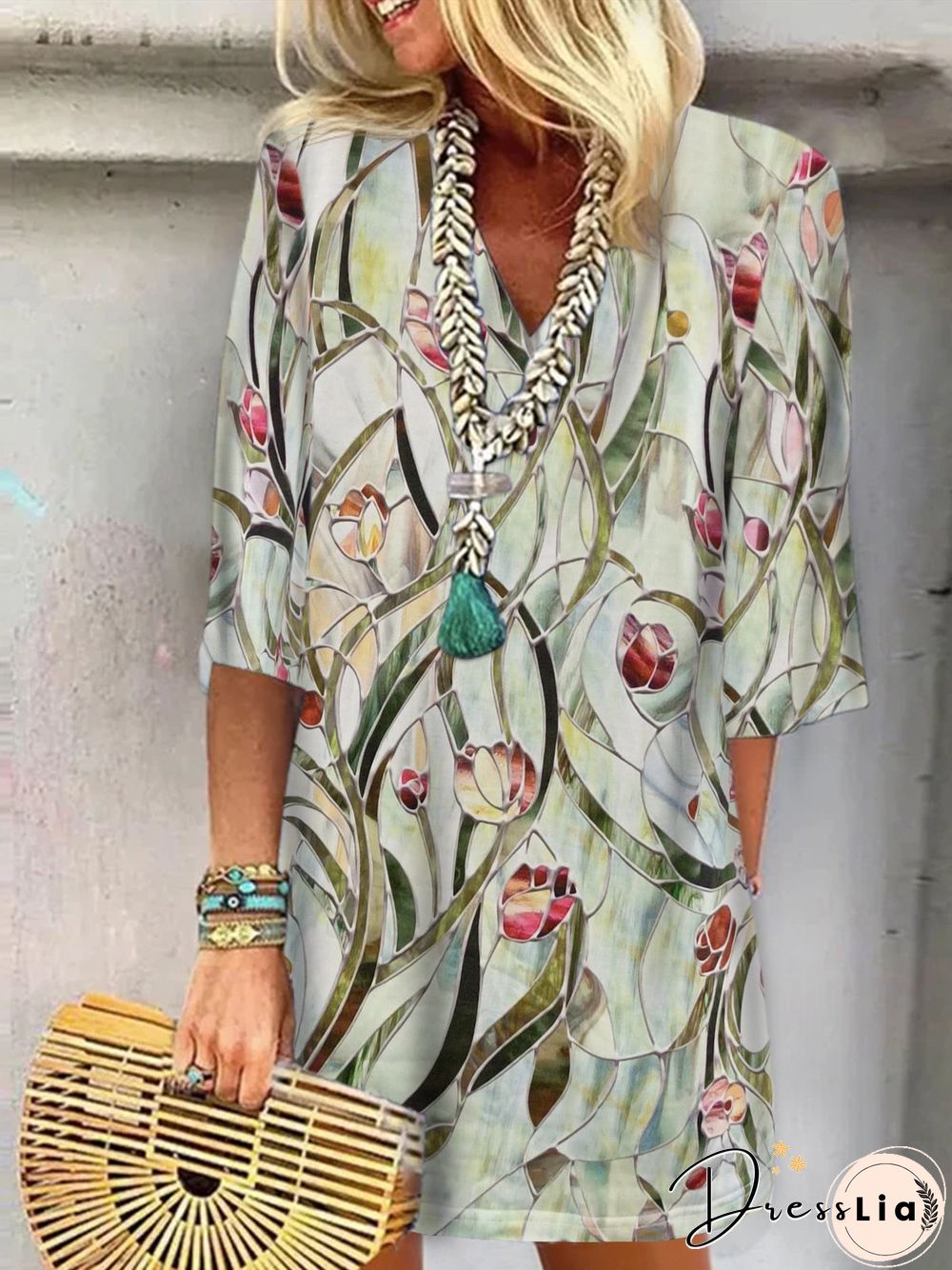 Floral Printed V Neck Loose Half-sleeve Dresses