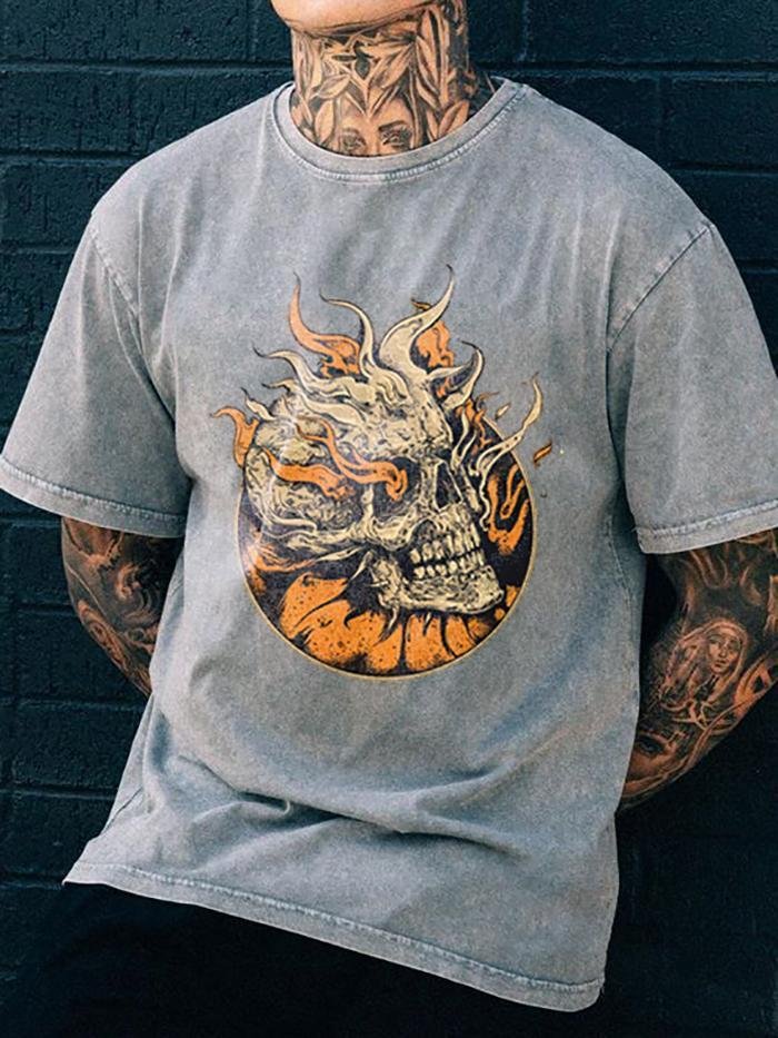 Flame Skull Print Retro T-Shirts