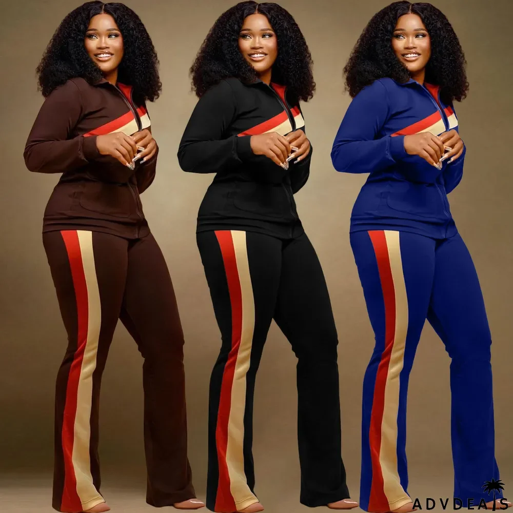 Plus Size Zipper Long Sleeve 2 Piece Pants Sets