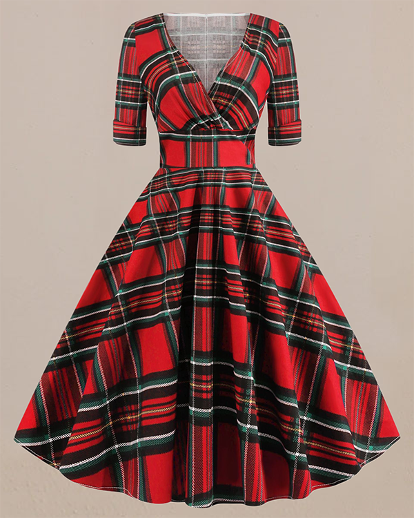 Plaid Printed Stitching Vintage Dress