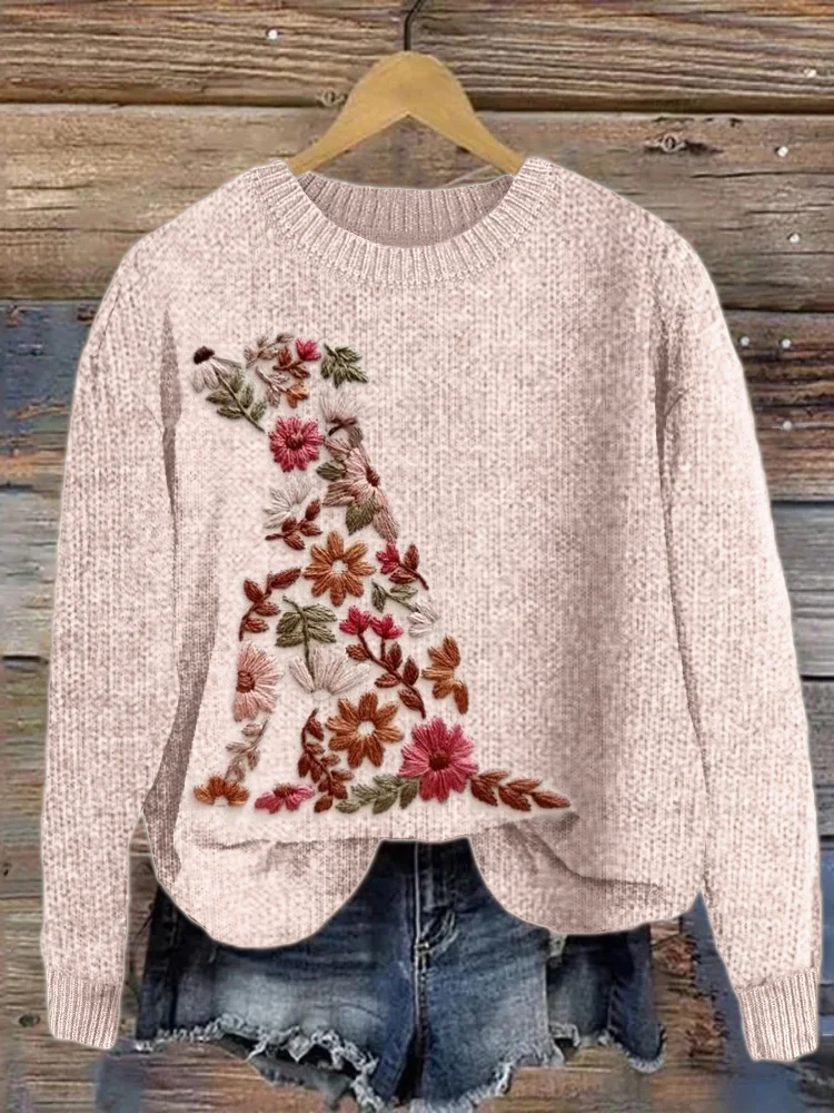 Loyal Dog Silhouette Floral Embroidered Cozy Knit Sweater