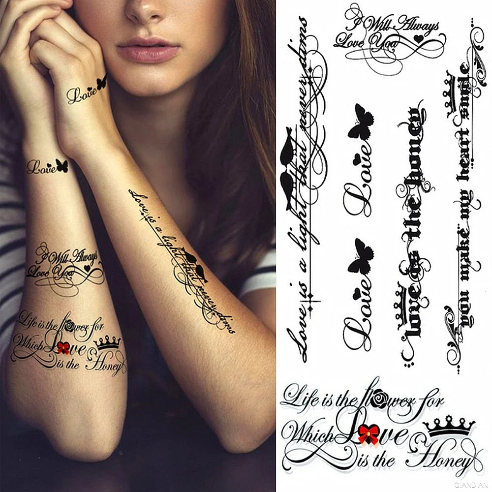 Black Alphabet Letter Temporary Tattoo Sticker Arm Sleeve Love Word Heart Lightning Fashion Fake Body Leg Finger Women Totem