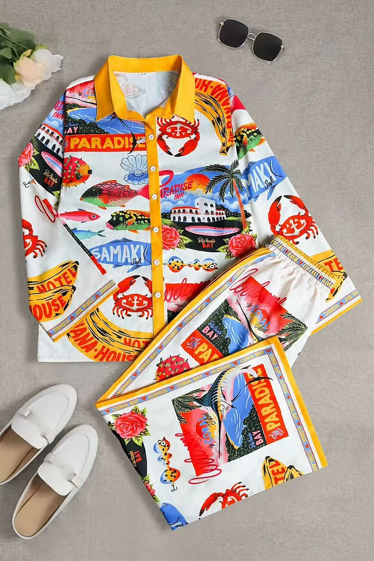 Vacation Mixed Print Button Up Blouse Wide Leg Pants 2pcs Set-Yellow