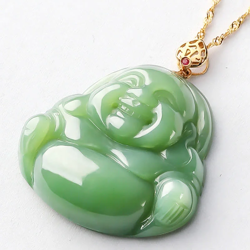 Laughing Buddha 925 Sterling Silver Hetian Cyan Jade Luck Chain Necklace Pendant