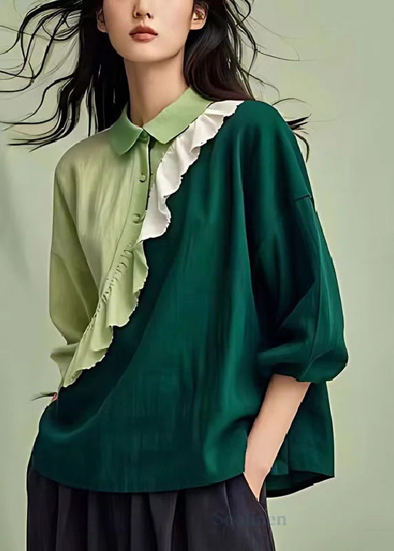 Dull Green Patchwork Linen Shirts Ruffled Spring(Ships in 20 Days)