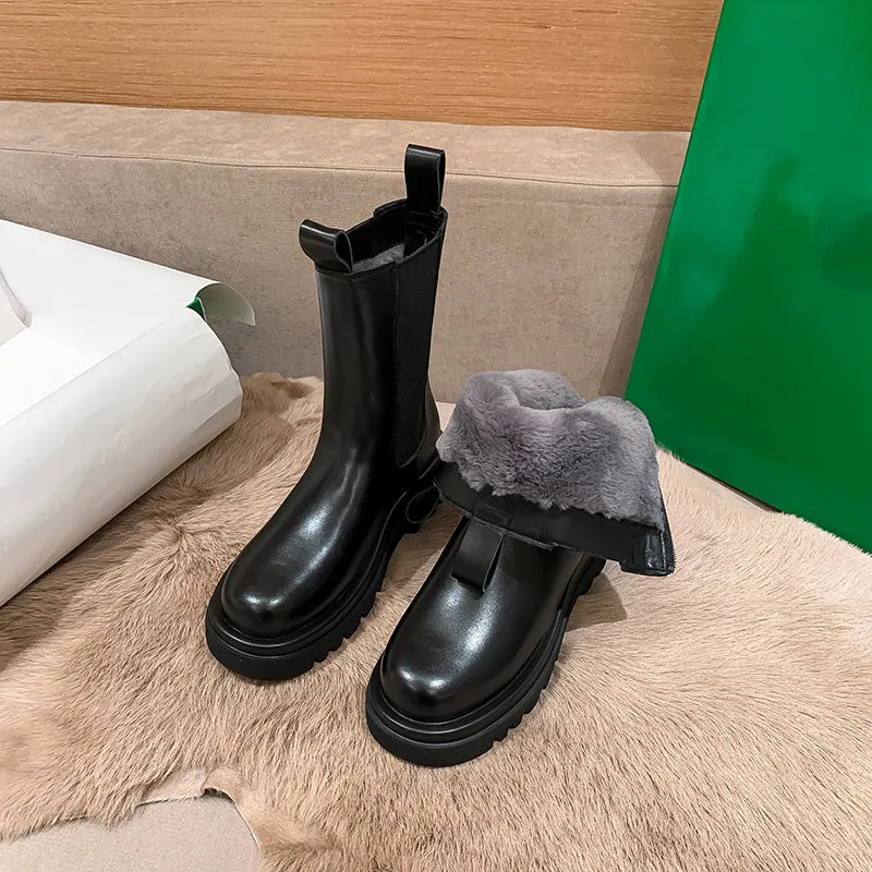 Korea Simple Zipper Artificial plush Heels Martin Boots Shoes