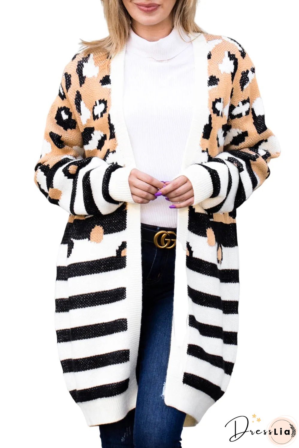 Brown Leopard Striped Mixed Print Open Front Cardigan