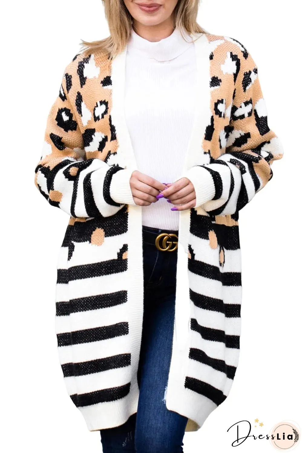 Brown Leopard Striped Mixed Print Open Front Cardigan