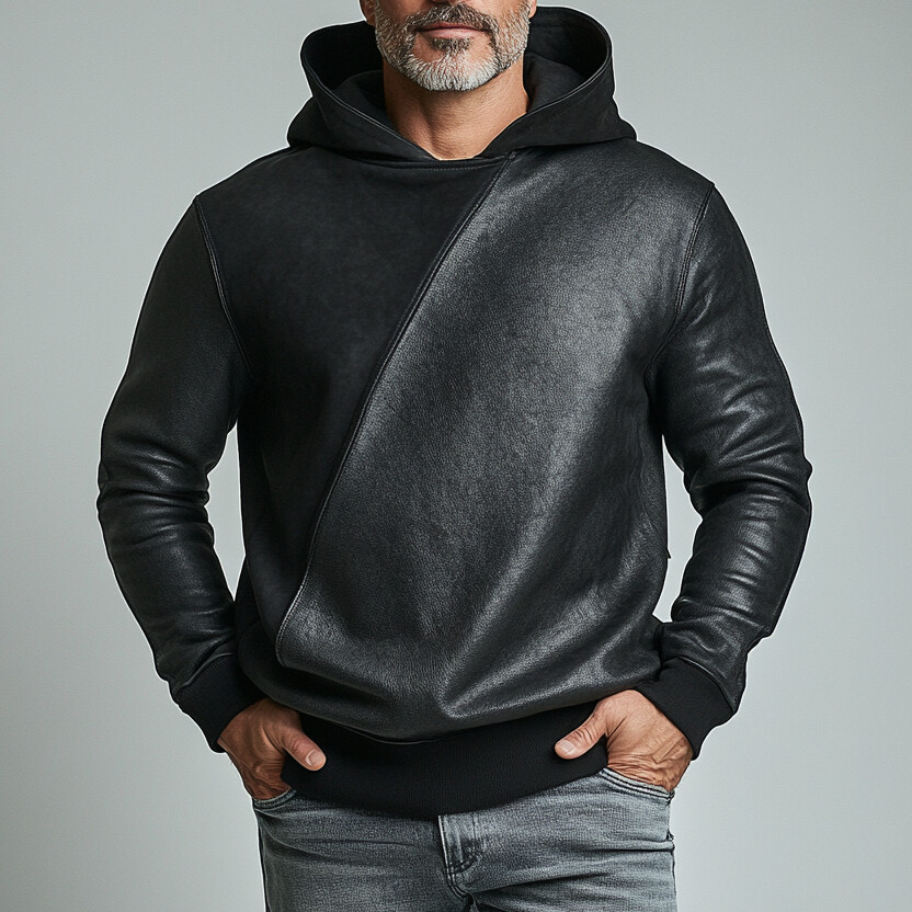 Men's Suede PU Leather Patchwork Long Sleeve Hoodie