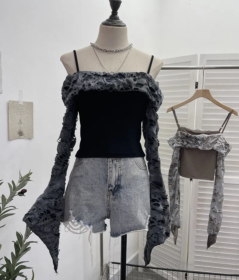 Uveng The Wasteland Hottie Hole To Make The Old Sling Tape A Word On The Shoulder Hollow Horn Long Sleeve Short T-Shirt 2666