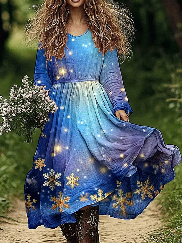 Womens Christmas Tree Pattern Cotton and Linen Dress