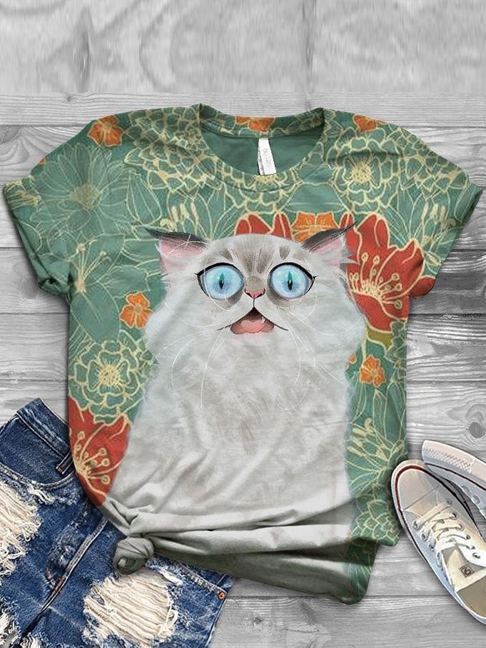 Cats And Floral Print Short Sleeves Casual T-shirt