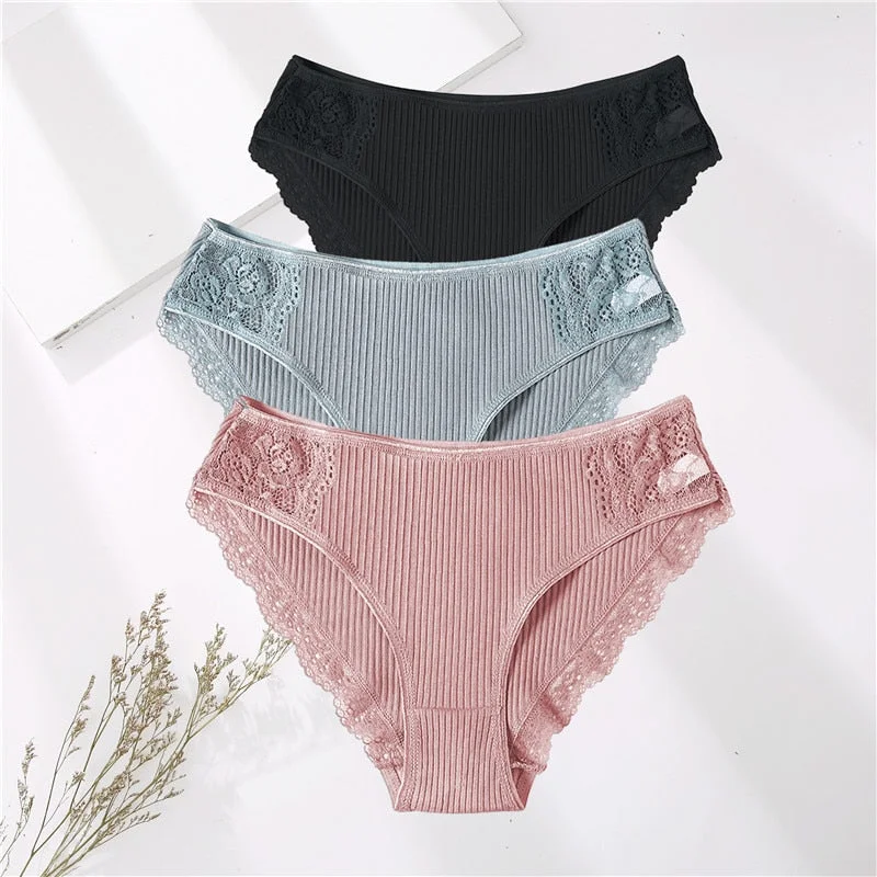 FINETOO 3PCS/Set M-XXL Cotton Underwear Women's Panties Comfort Underpants Floral Lace Briefs For Woman Sexy Low-Rise Intimates