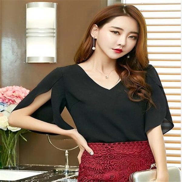 Fashion Women Blouses Female Shirt Summer Casual Chiffon Solid Short Sleeve Korean Loose Top - BlackFridayBuys
