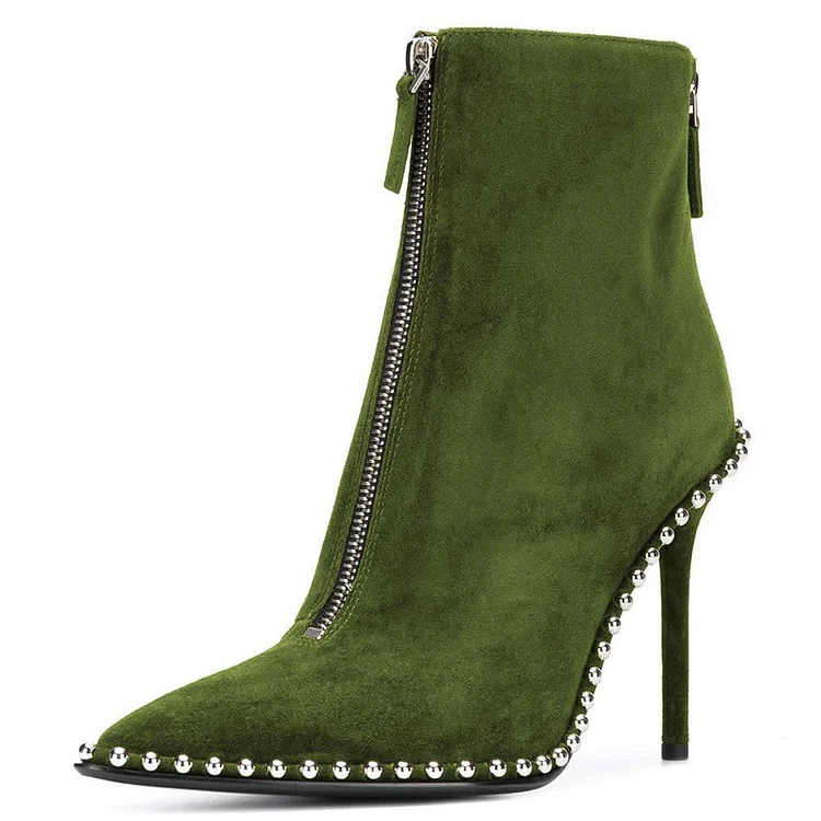 Green Stud Pointy Toe Double Zip Stiletto Heel Ankle Boots |FSJ Shoes