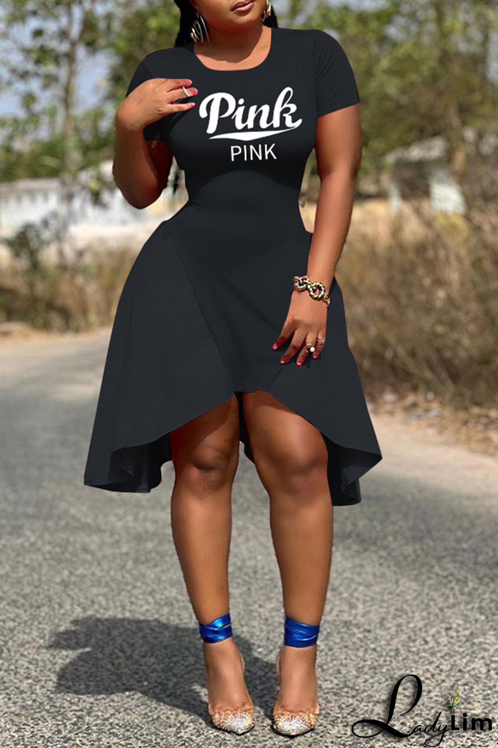 Orange Fashion Print Patchwork O Neck Irregular Dress Dresses