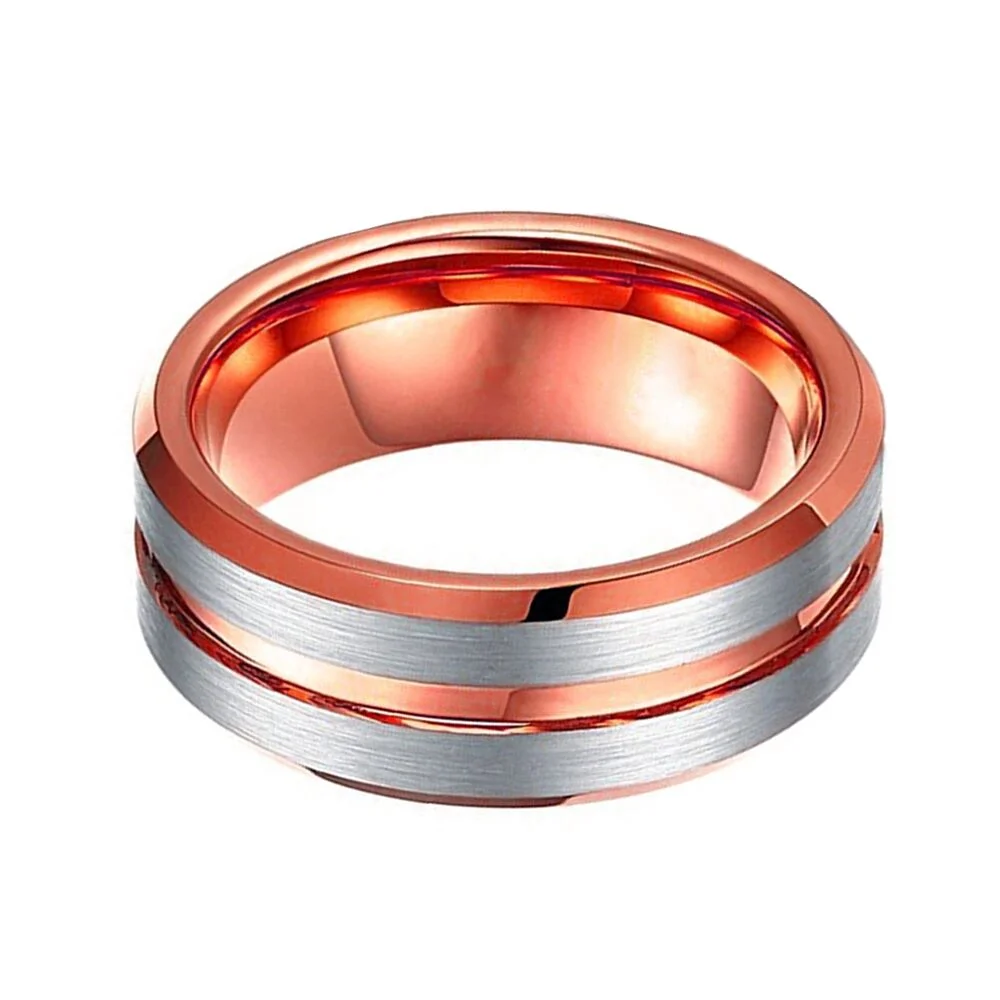 Rose Gold Grooved Womens Tungsten Ring Silver Brushed Surface