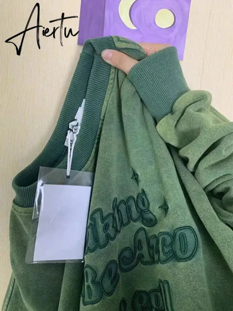 Womens Clothing Green Vintage Street Sweatshirt Hoodie Letter Printing Long Sleeves Casual Warm Oversize Baggy Ladies Tops Aiertu
