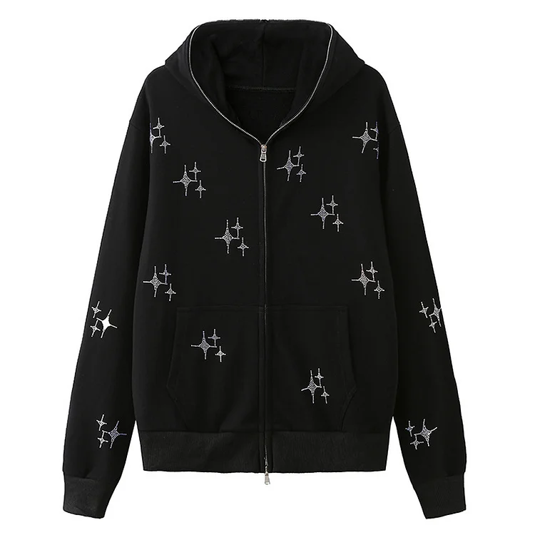 Rhinestone Graphic Star Streetwear Full Zip Up Hoodie Coats at Hiphopee