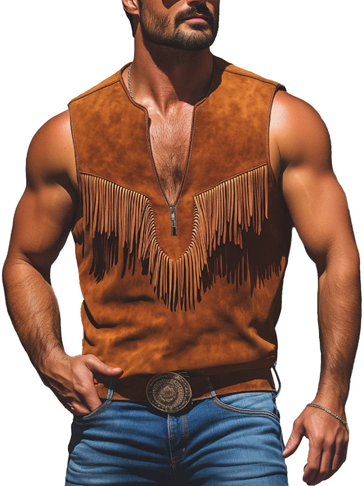 Men's Vintage Western Style Suede Fringe Crew Neck Zip Up Tank Top