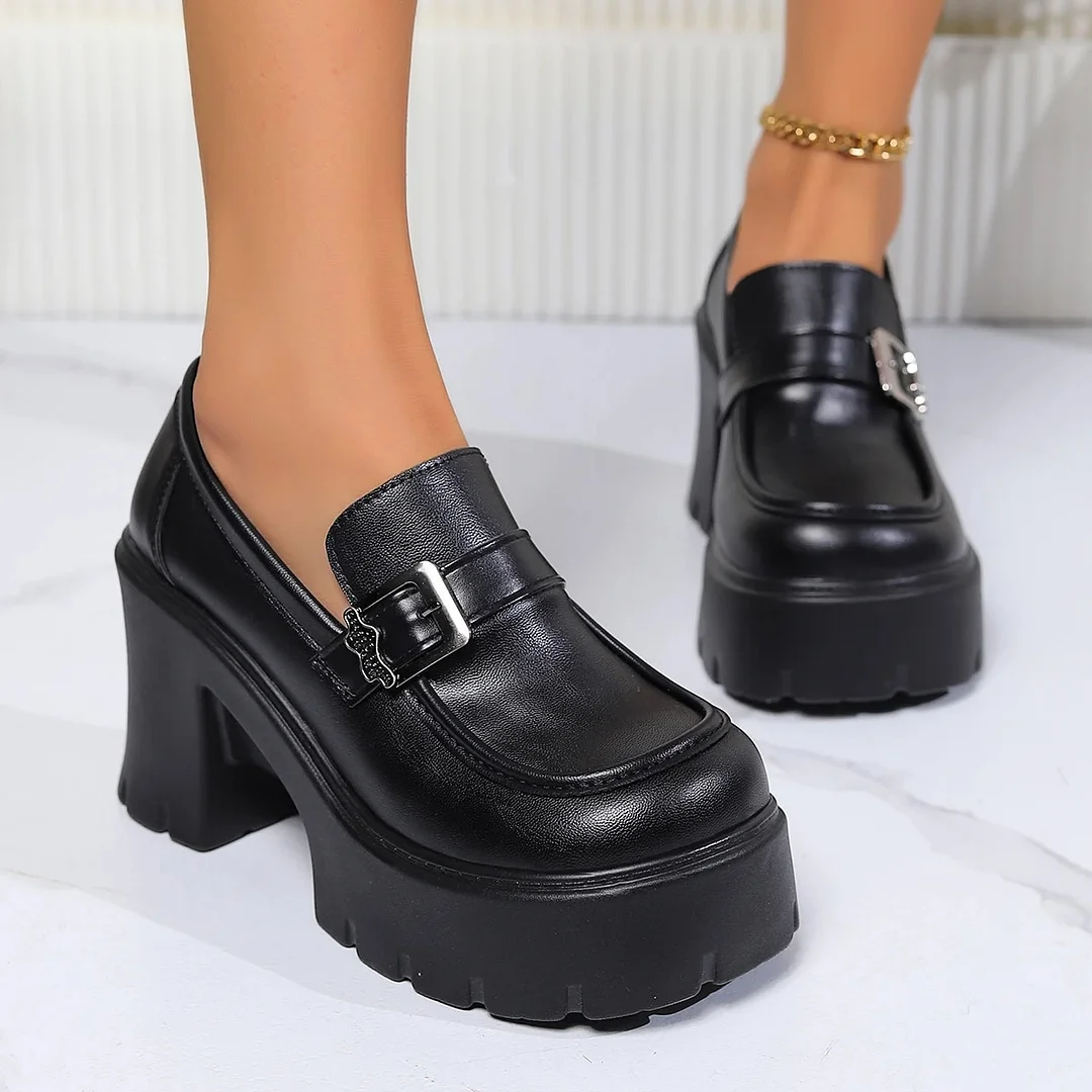 Yyvonne Black Chunky Heels Pumps Women Pu Leather Platform Loafers Woman Fashion Metal Buckle High Heels Dress Shoes Mary Janes
