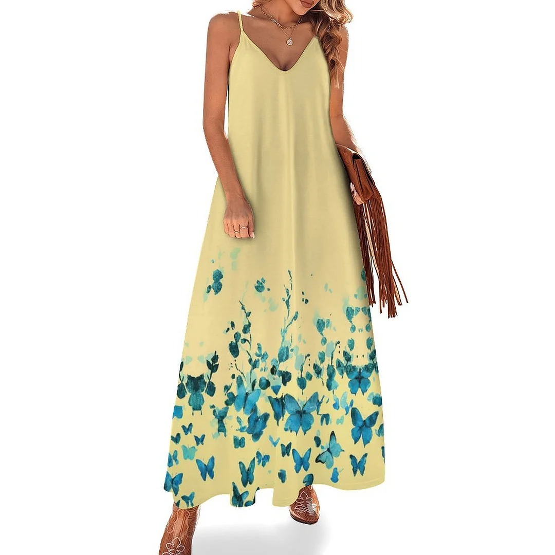 Style & Comfort for Mature Women Plus Size Printed Sling Casual Women Maxi Dress in Pattern Blue, Yellow, Floral
