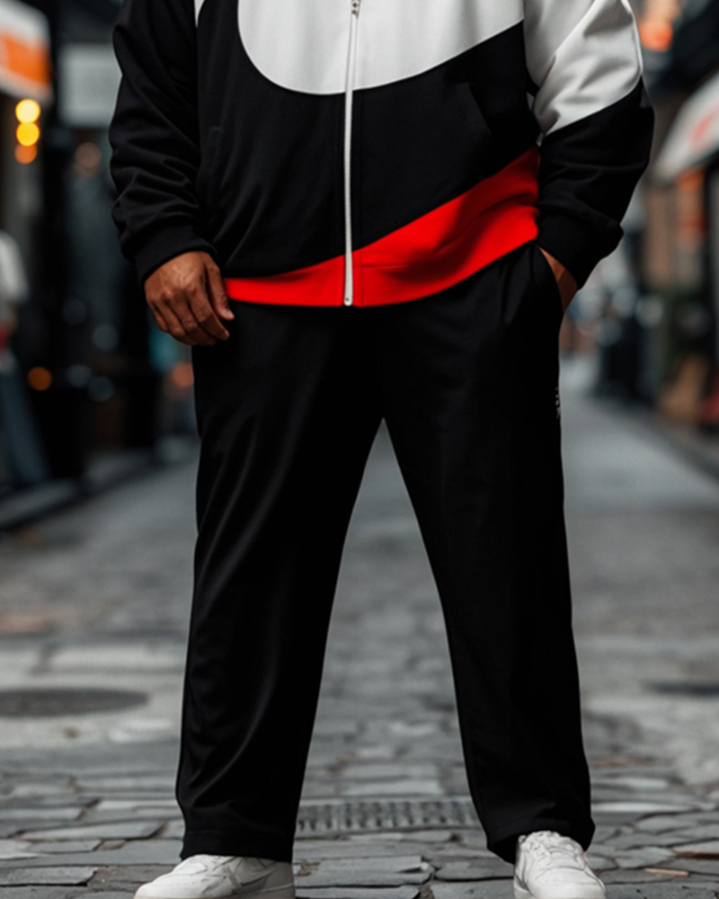 Casual Sports Color Matching Zipper Lapel Long Sleeve Jacket Big & Tall Men's Set